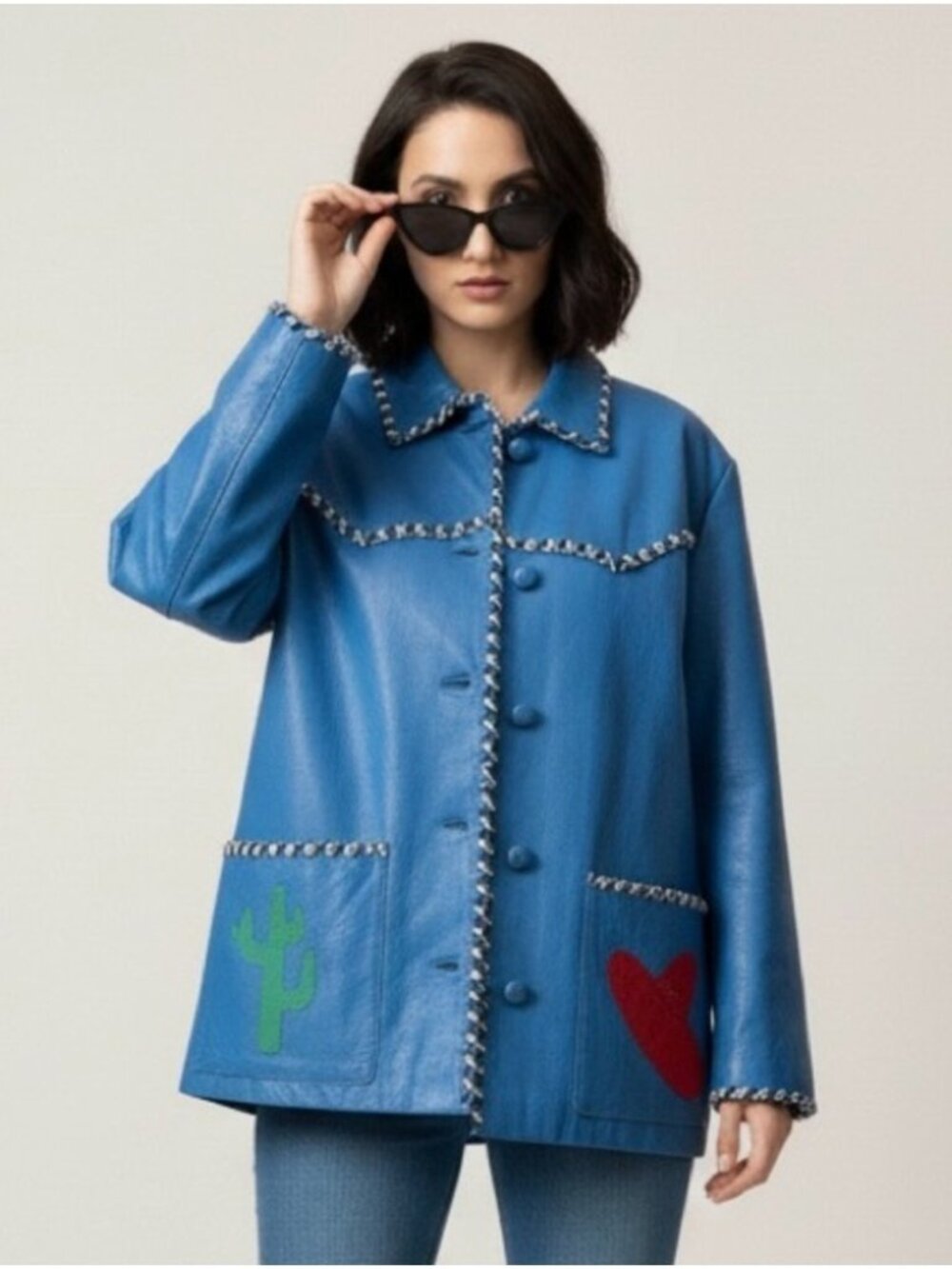 Vintage 80s Hannah Pang Blue Patchwork Leather Southwestern Jacket - M/L